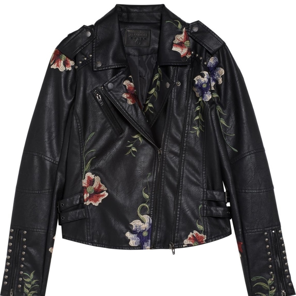BLANKNYC Embroidered Faux Leather Moto Jacket